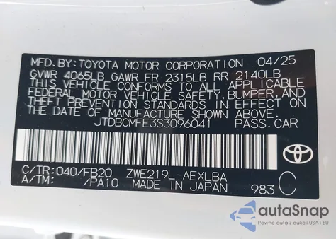 2025 Toyota Corolla Hybrid Le z USA, uszkodzony, nr VIN JTDBCMFE3S3096041